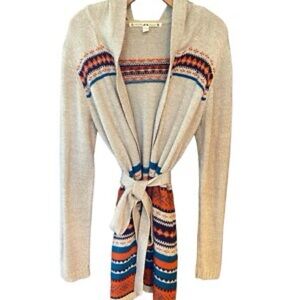 Chelsea & Violet Beige Cardigan with Blue and Orange Patterns